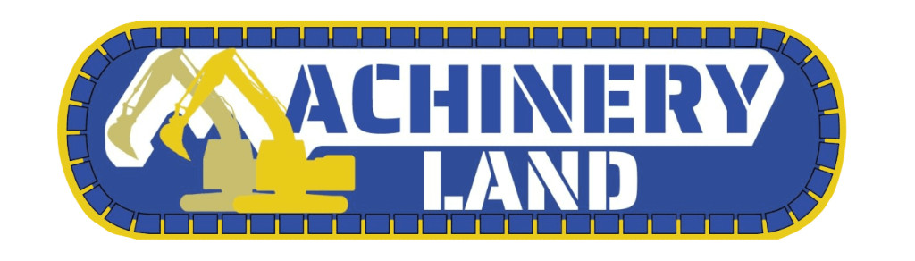 The Machinery Land logo; a blue logo in the shape of a machine's track, with the text "Machinery Land" and two yellow diggers forming the M. It has a yellow outline.