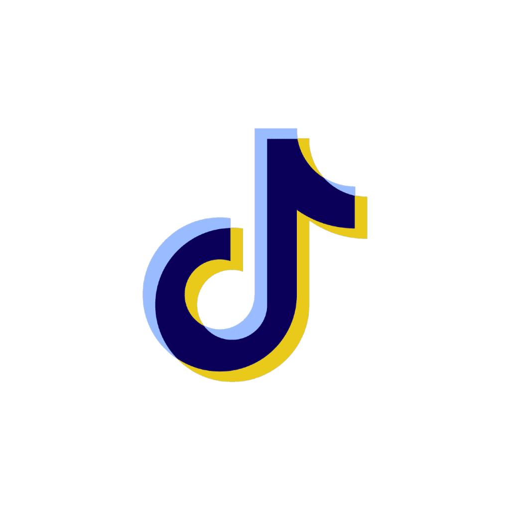 The tiktok logo in navy, blue and yellow.